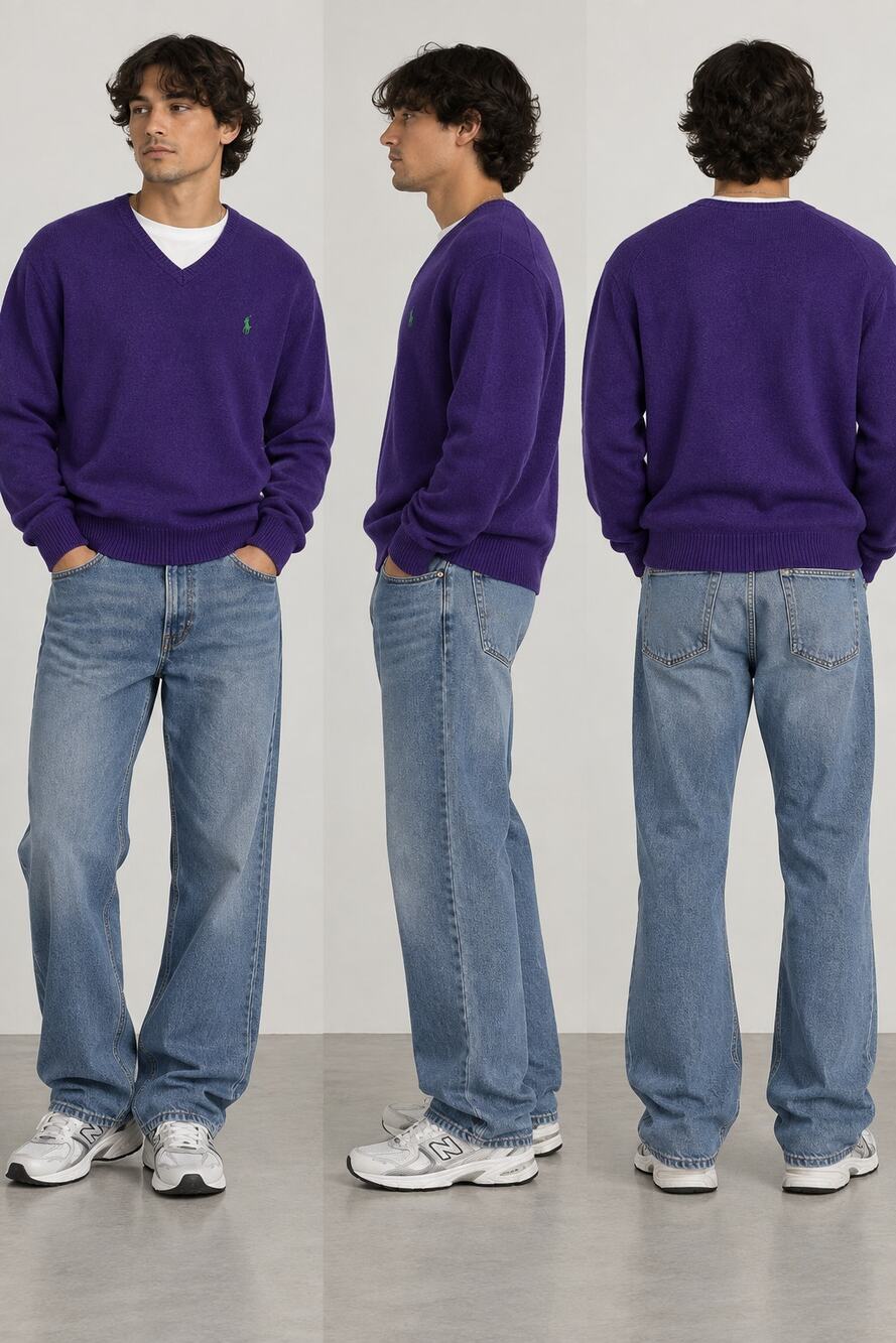 Polo Ralph Lauren Lambswool Sweater Large Purple Green Pony V Neck Preppy